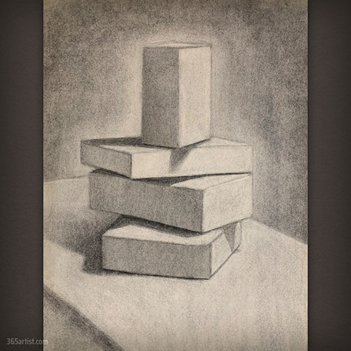 charcoal drawing of boxes