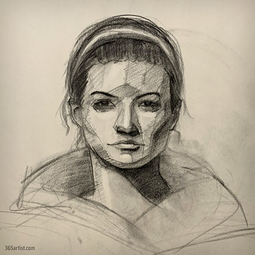 charcoal portrait drawing of a female