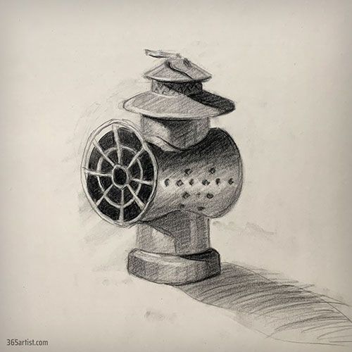 charcoal drawing of a lantern