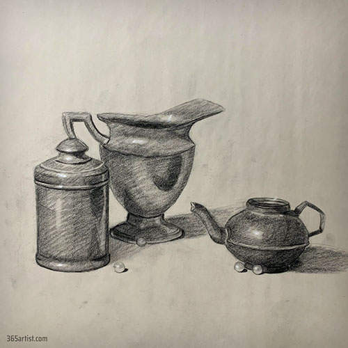teapot and pearls still life drawing