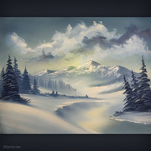 Bob Ross winter mountain landscape painting